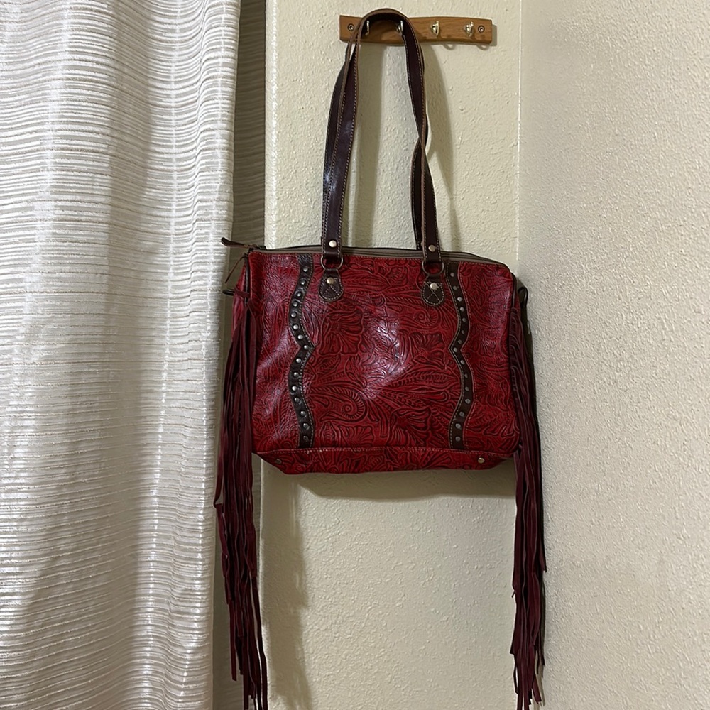 NWT Myra Red Tooled Leather Shoulder& crossbody bag with fringe